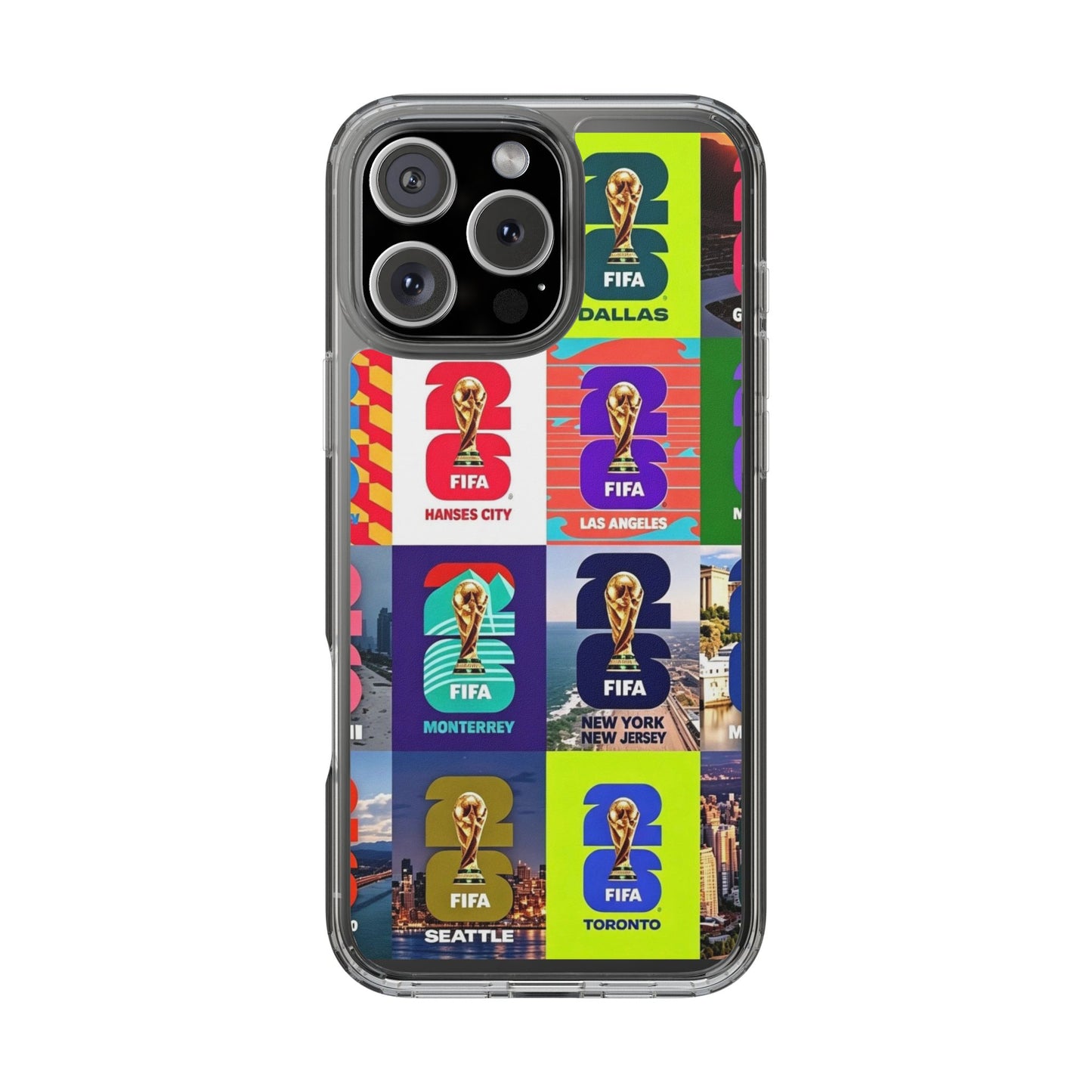 FIFA World Cup Pop Art Clear Phone Case — City Badge Collage (Dallas, LA, Monterrey, Toronto, Seattle)