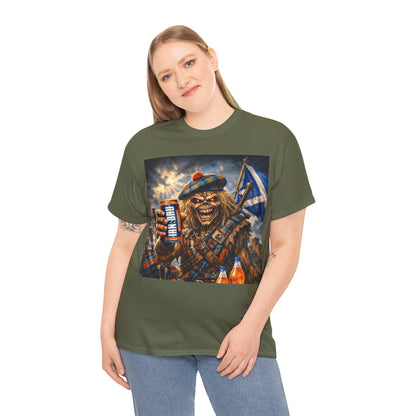 Scottish Rock Skull T‑Shirt — Eddie the Piper with Flag & Can Graphic Tee