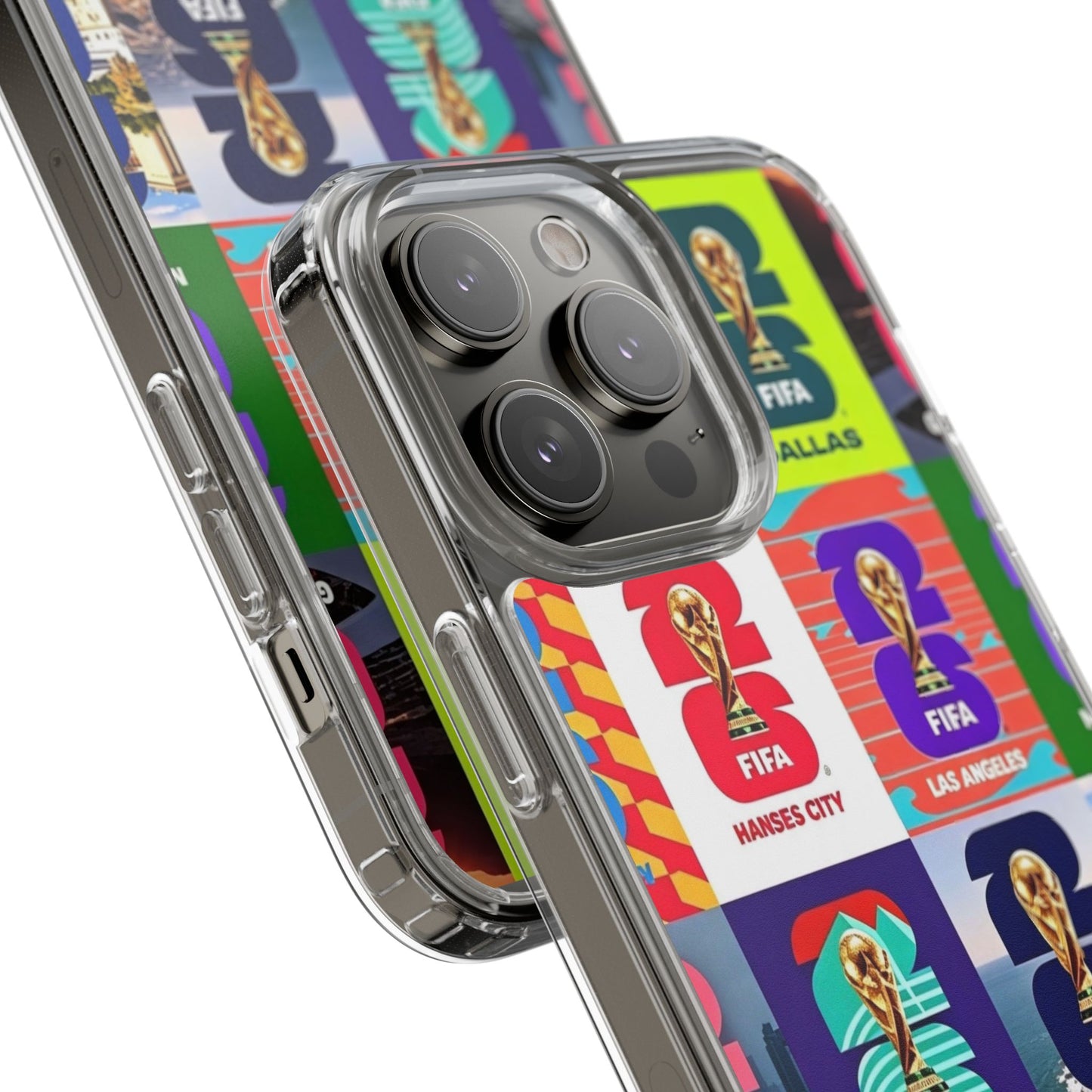 FIFA World Cup Pop Art Clear Phone Case — City Badge Collage (Dallas, LA, Monterrey, Toronto, Seattle)