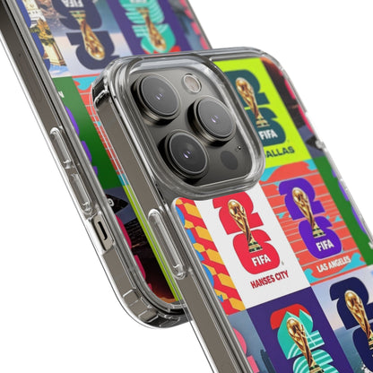 FIFA World Cup Pop Art Clear Phone Case — City Badge Collage (Dallas, LA, Monterrey, Toronto, Seattle)