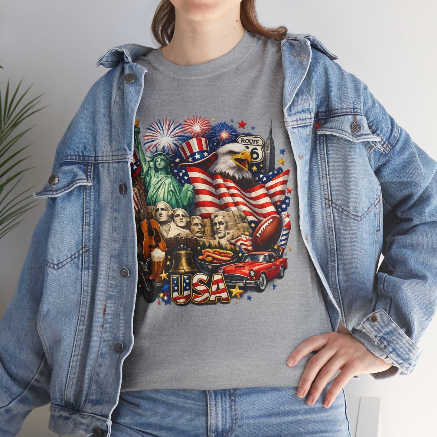 Patriotic USA Graphic Tee – American Flag, Statue of Liberty & Fireworks T-Shirt
