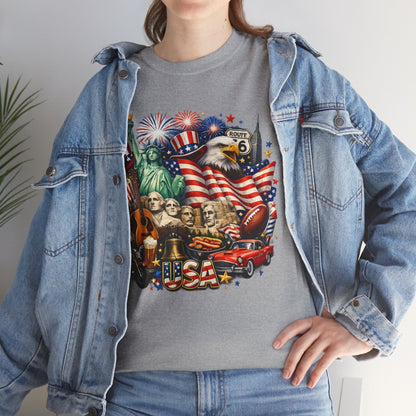 Patriotic USA Graphic Tee – American Flag, Statue of Liberty & Fireworks T-Shirt