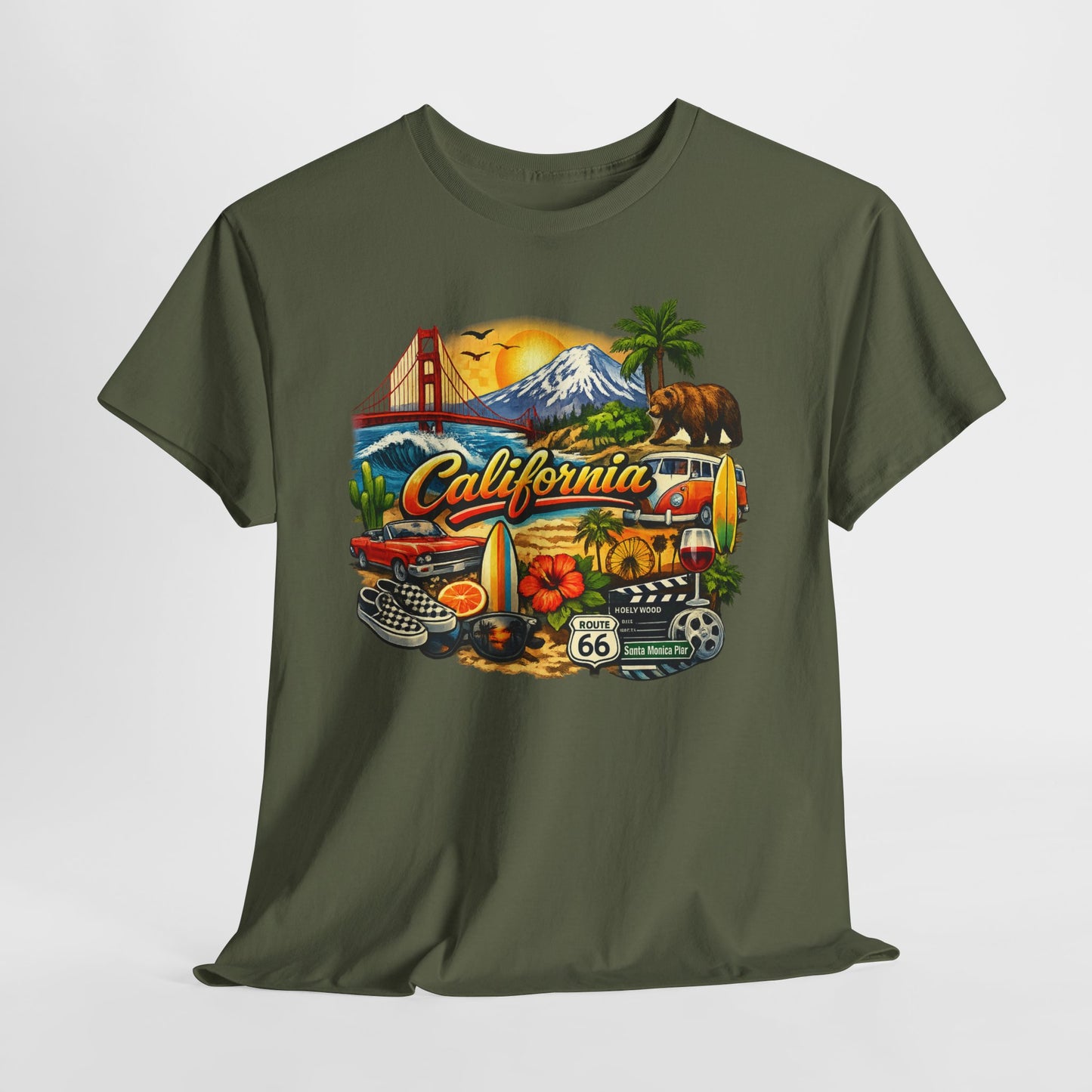 California Vintage Travel T-Shirt — Golden Gate, Palm Trees & Route 66 Tee