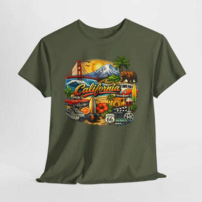 California Vintage Travel T-Shirt — Golden Gate, Palm Trees & Route 66 Tee