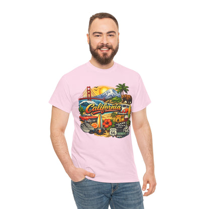 California Vintage Travel T-Shirt — Golden Gate, Palm Trees & Route 66 Tee