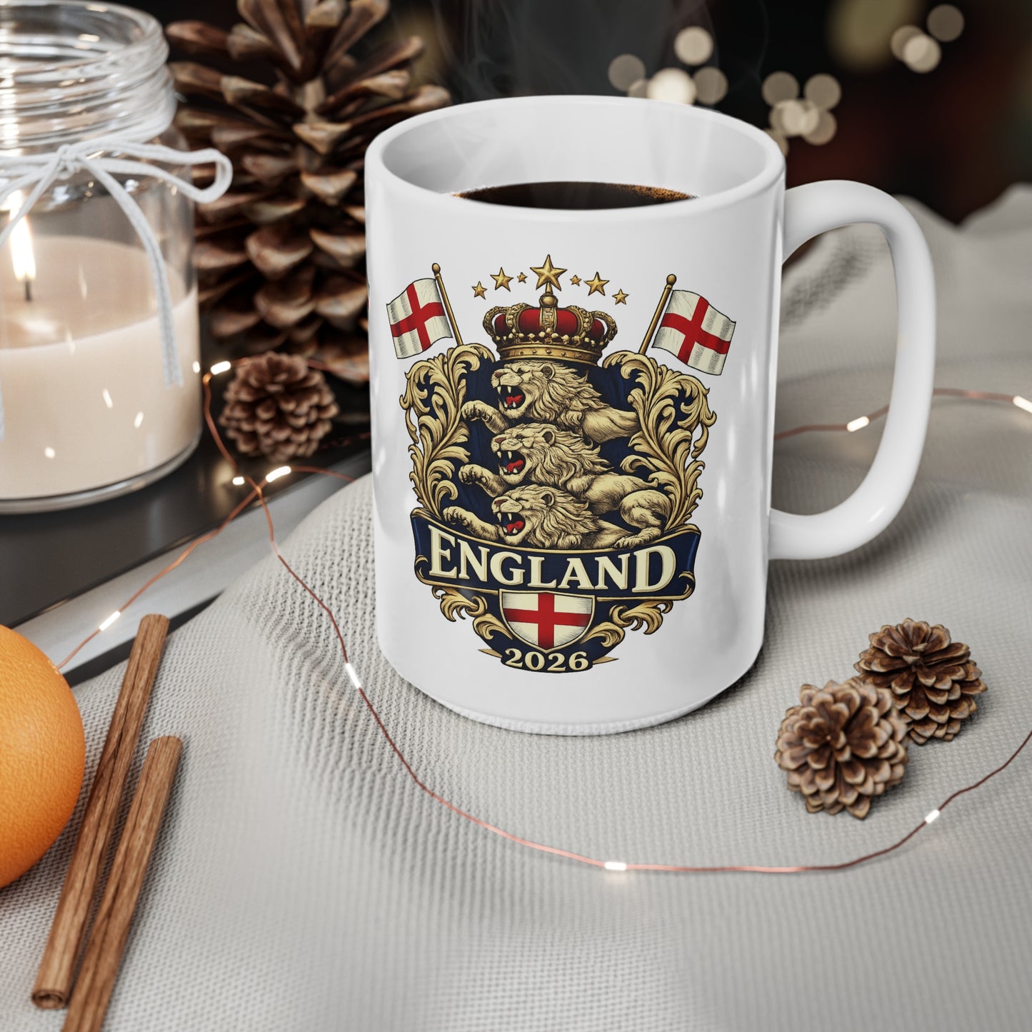 England 2026 Crest Coffee Mug — Vintage Lion Coat of Arms Ceramic Cup (11oz, 15oz)