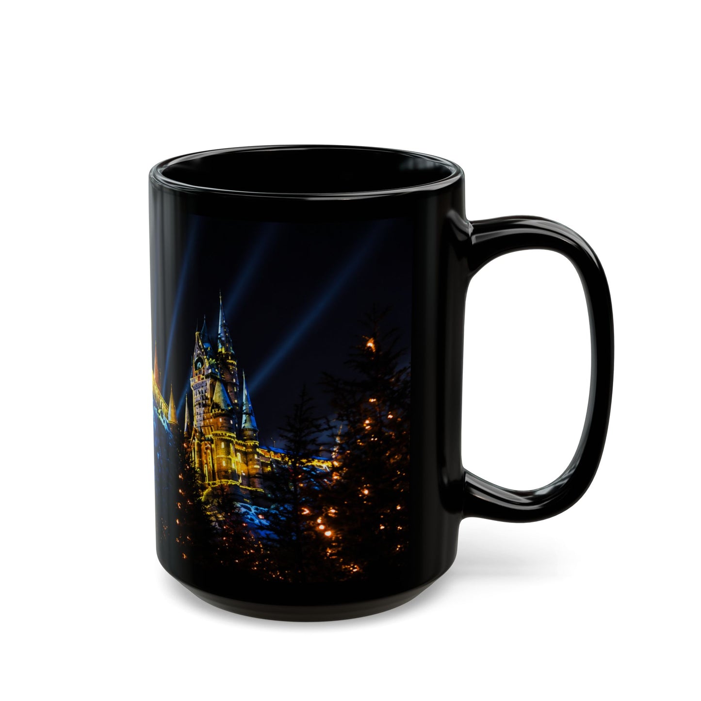 Hogwarts Night Castle Black Coffee Mug – Festive Illuminated Castle Panorama (11oz & 15oz)