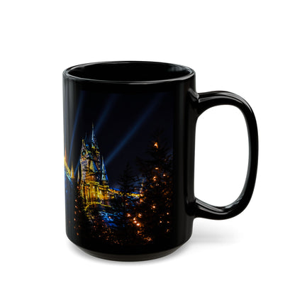Hogwarts Night Castle Black Coffee Mug – Festive Illuminated Castle Panorama (11oz & 15oz)