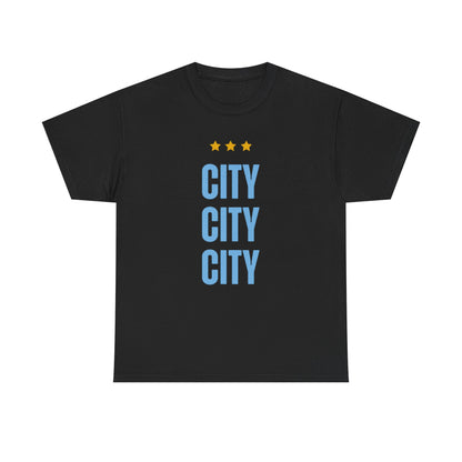 Manchester City City City Tee — Minimal Skyline Graphic T‑Shirt with Three Stars