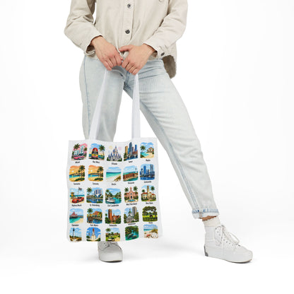 Florida City Landmark Collage Canvas Tote Bag — Vintage Travel Icons Print