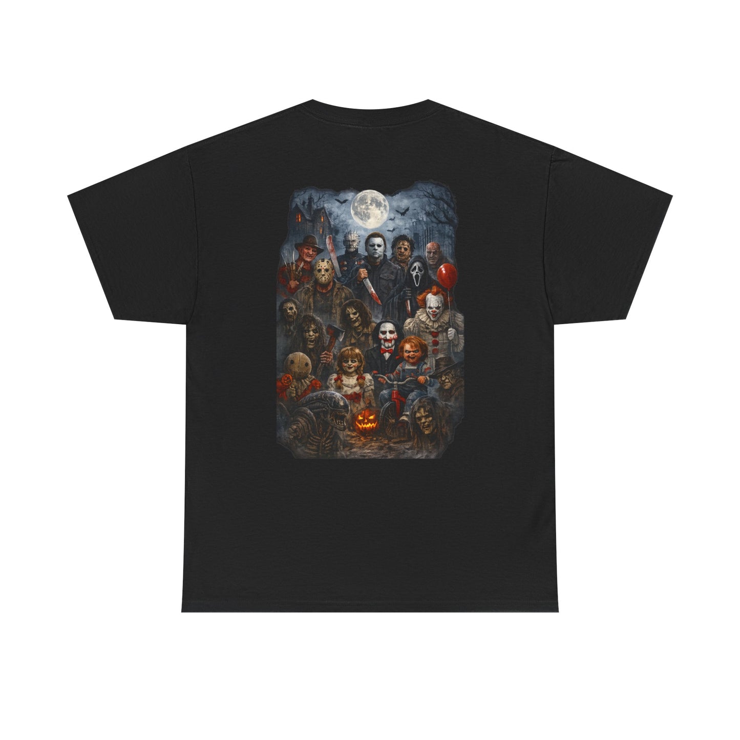 Halloween Horror Movie Characters T-Shirt — "Happy Halloween" Pumpkin & Slasher Collage Tee