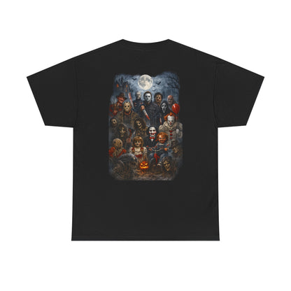 Halloween Horror Movie Characters T-Shirt — "Happy Halloween" Pumpkin & Slasher Collage Tee
