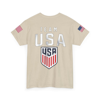 Team USA Flag T‑Shirt — Patriotic Navy Tee with Back Shield Logo