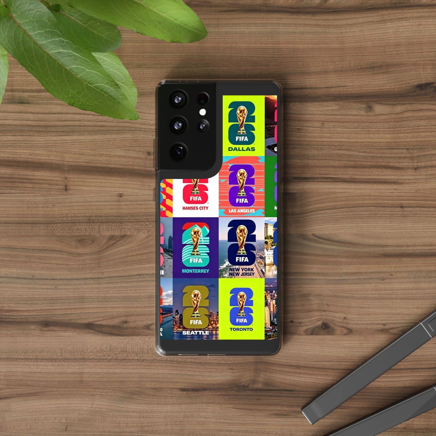FIFA World Cup Pop Art Clear Phone Case — City Badge Collage (Dallas, LA, Monterrey, Toronto, Seattle)