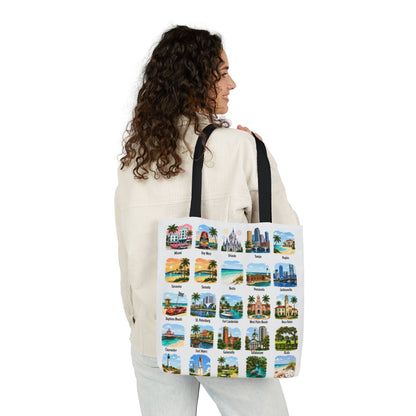 Florida City Landmark Collage Canvas Tote Bag — Vintage Travel Icons Print