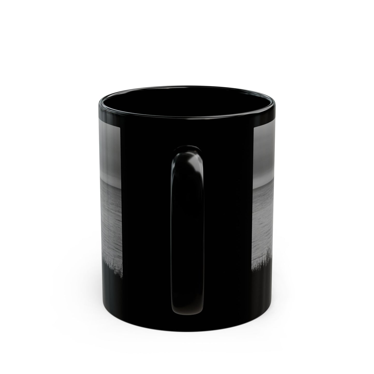 Silhouette by the Sea Black Coffee Mug — Reflective Ocean Sunset Gift (11oz, 15oz)