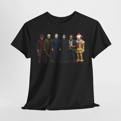 Horror Icons Lineup T‑Shirt – Freddy, Jason, Michael, Ghostface & Pennywise Tee
