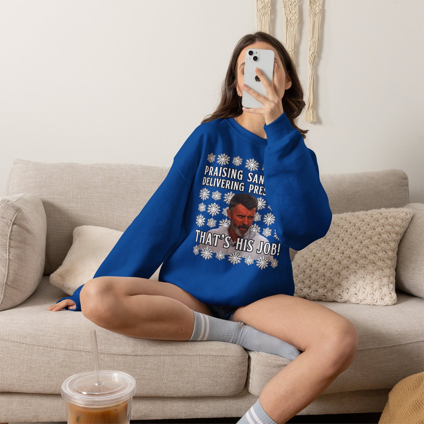 Funny Christmas Sweatshirt - "Praising Santa for Delivering Presents? That's His Job!" Ugly Sweater