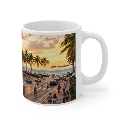 Miami Beach Sunset Coffee Mug — Ocean Drive Retro Car & Art Deco Hotel Design (11oz/15oz)