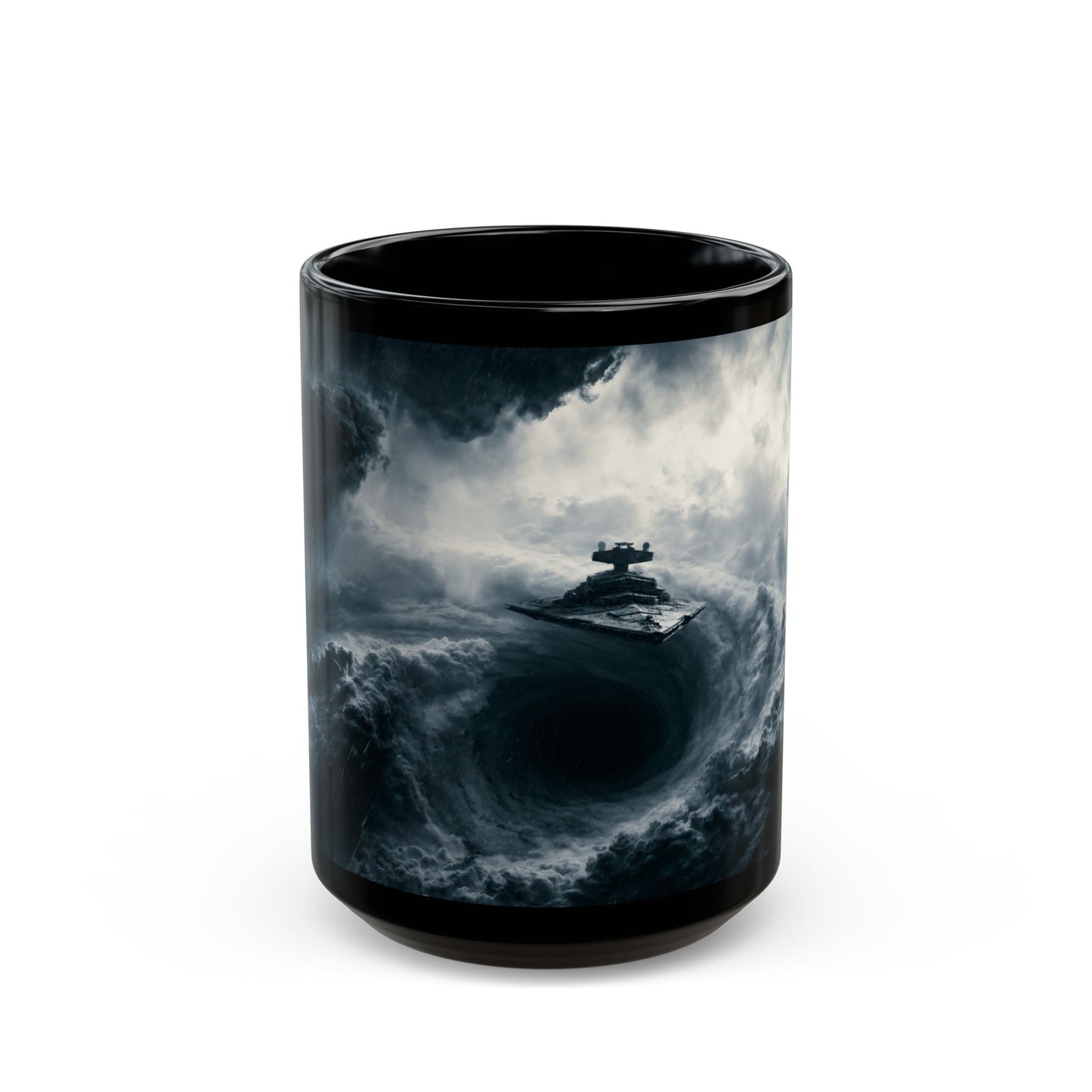 Empire Star Destroyer Stormy Starship Black Mug — Sci‑Fi Space Battle Coffee Cup (11oz, 15oz)