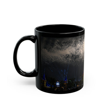 Fireworks MK Castle Black Mug — Nighttime Theme Park Coffee Cup (11oz/15oz)