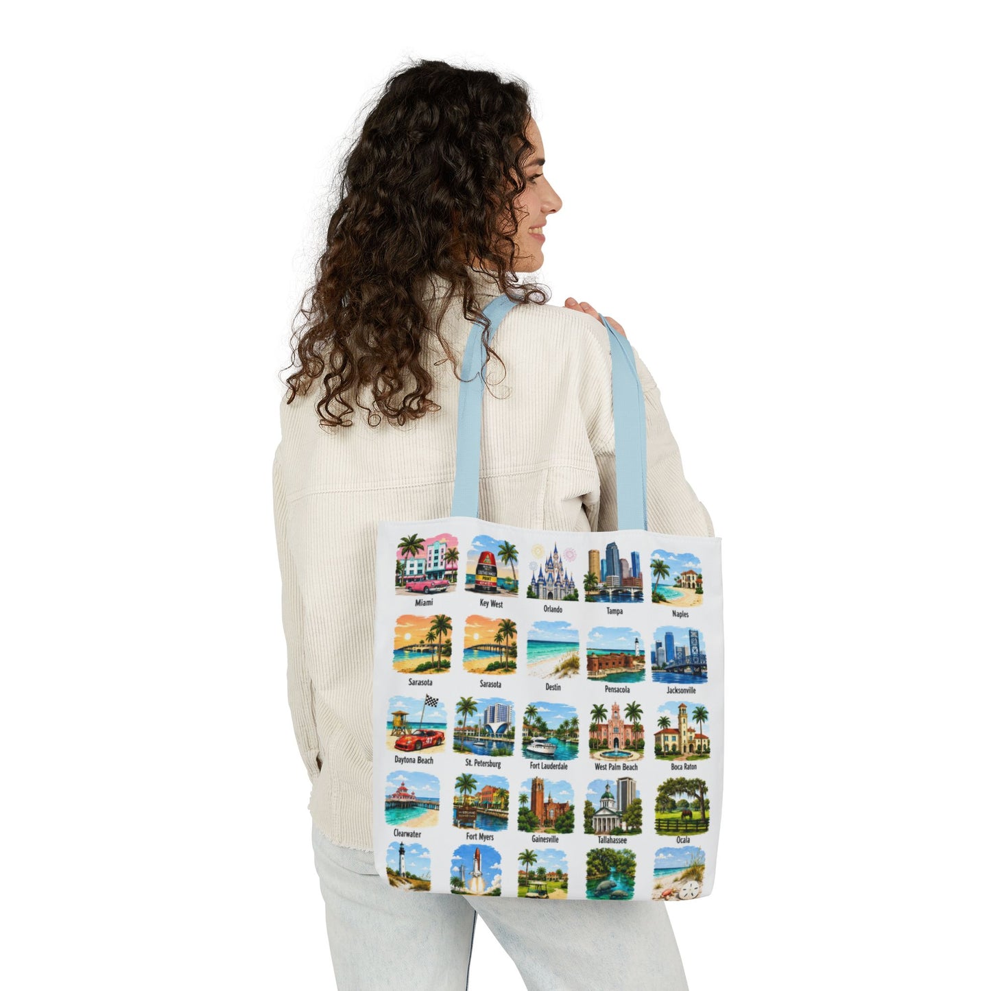 Florida City Landmark Collage Canvas Tote Bag — Vintage Travel Icons Print