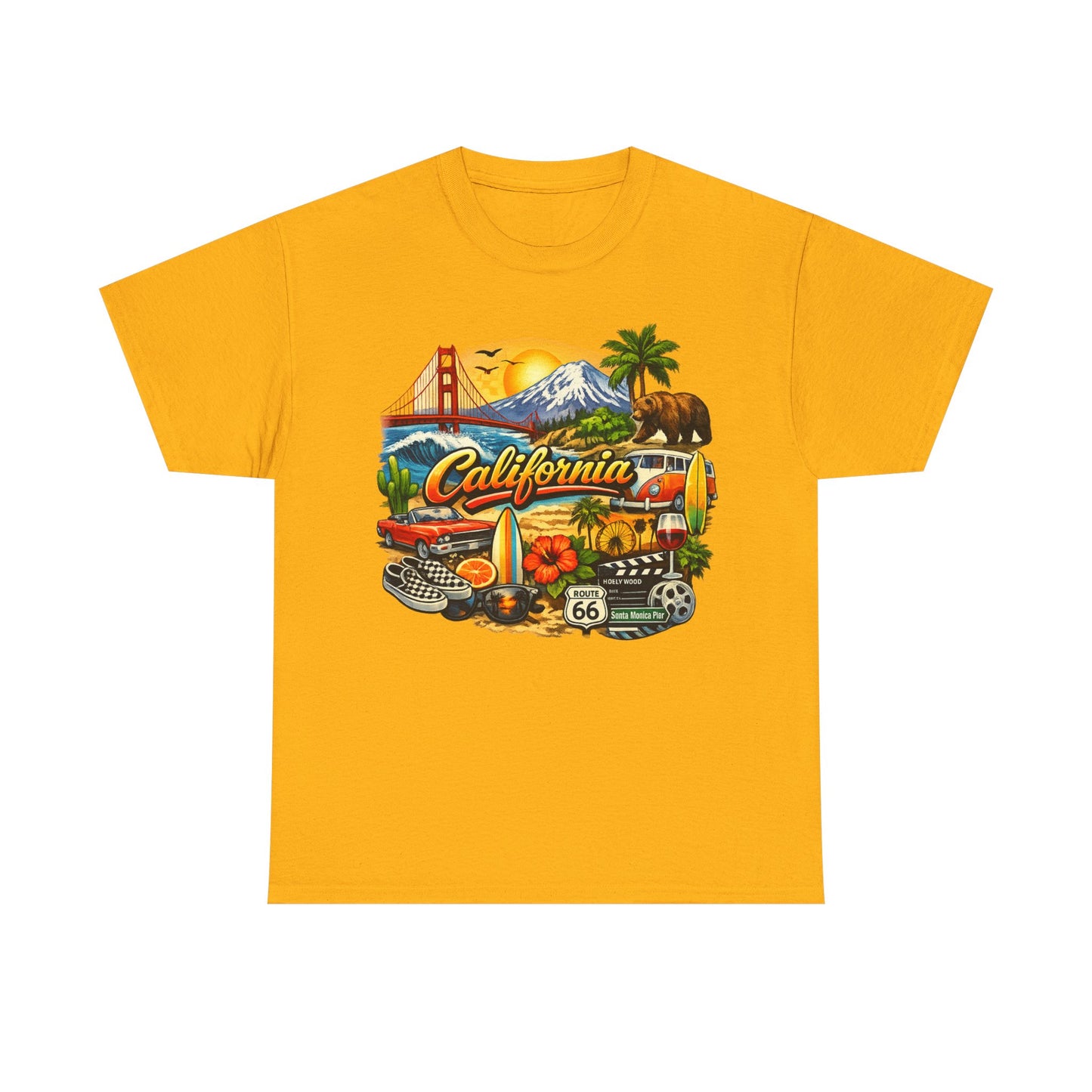 California Vintage Travel T-Shirt — Golden Gate, Palm Trees & Route 66 Tee