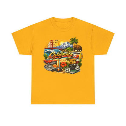 California Vintage Travel T-Shirt — Golden Gate, Palm Trees & Route 66 Tee