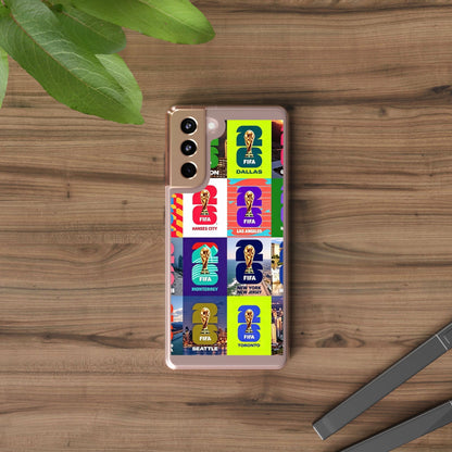 FIFA World Cup Pop Art Clear Phone Case — City Badge Collage (Dallas, LA, Monterrey, Toronto, Seattle)