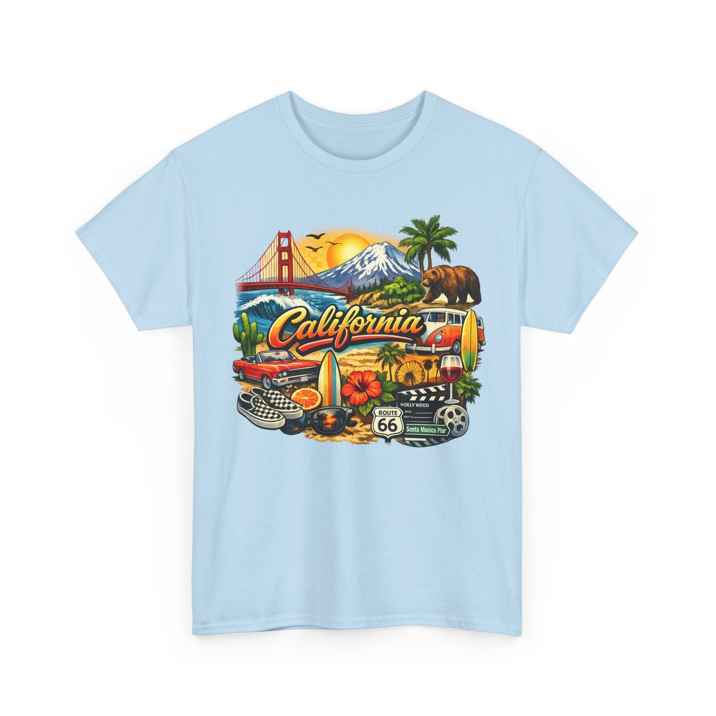 California Vintage Travel T-Shirt — Golden Gate, Palm Trees & Route 66 Tee