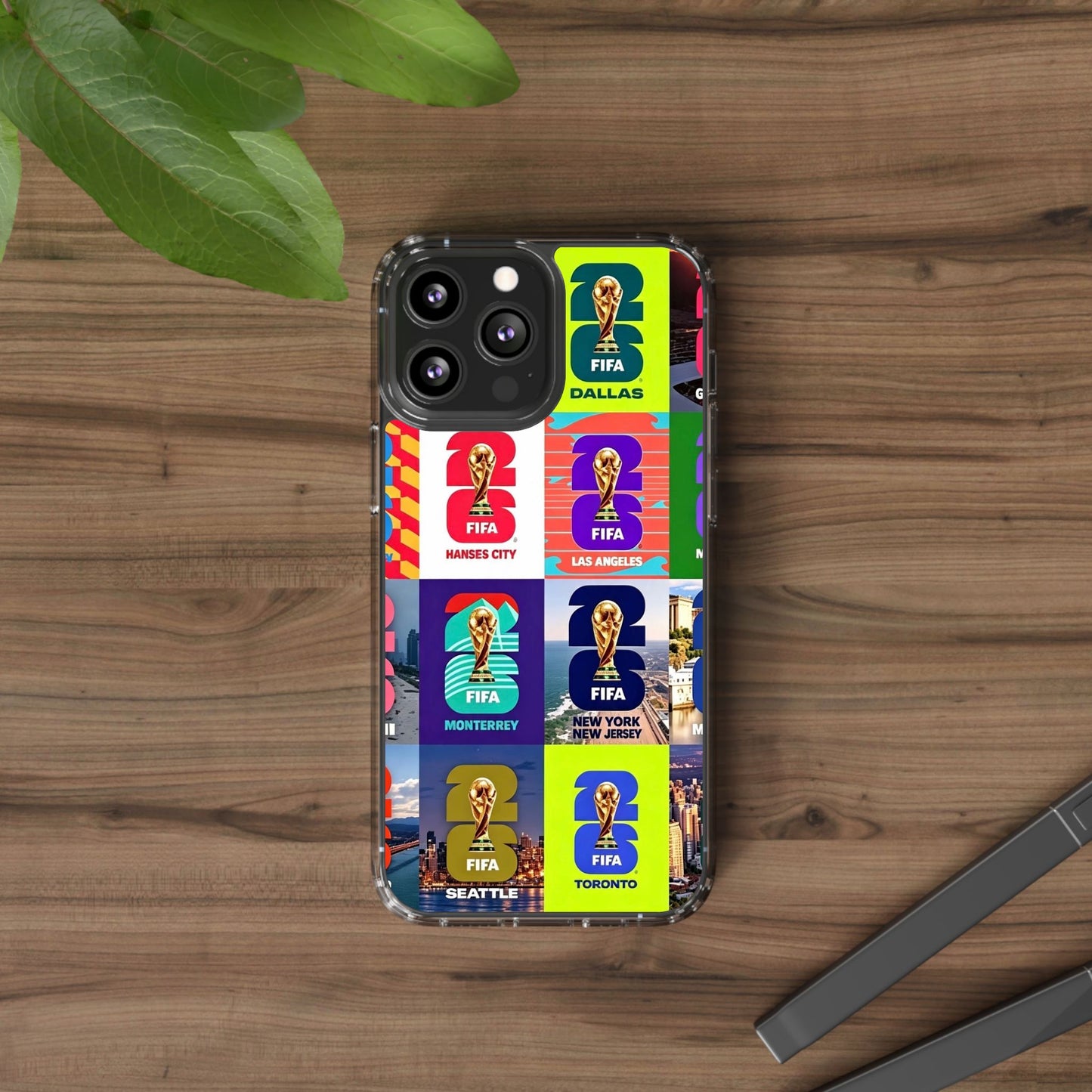 FIFA World Cup Pop Art Clear Phone Case — City Badge Collage (Dallas, LA, Monterrey, Toronto, Seattle)