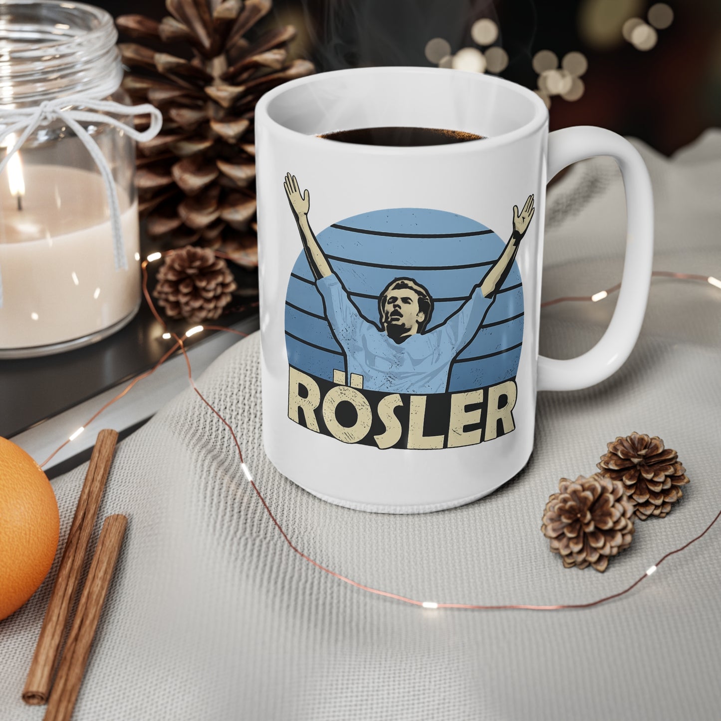 UWE Rösler Manchester City Retro Football Mug — Vintage Goal Celebration Ceramic Coffee Cup (11oz & 15oz)