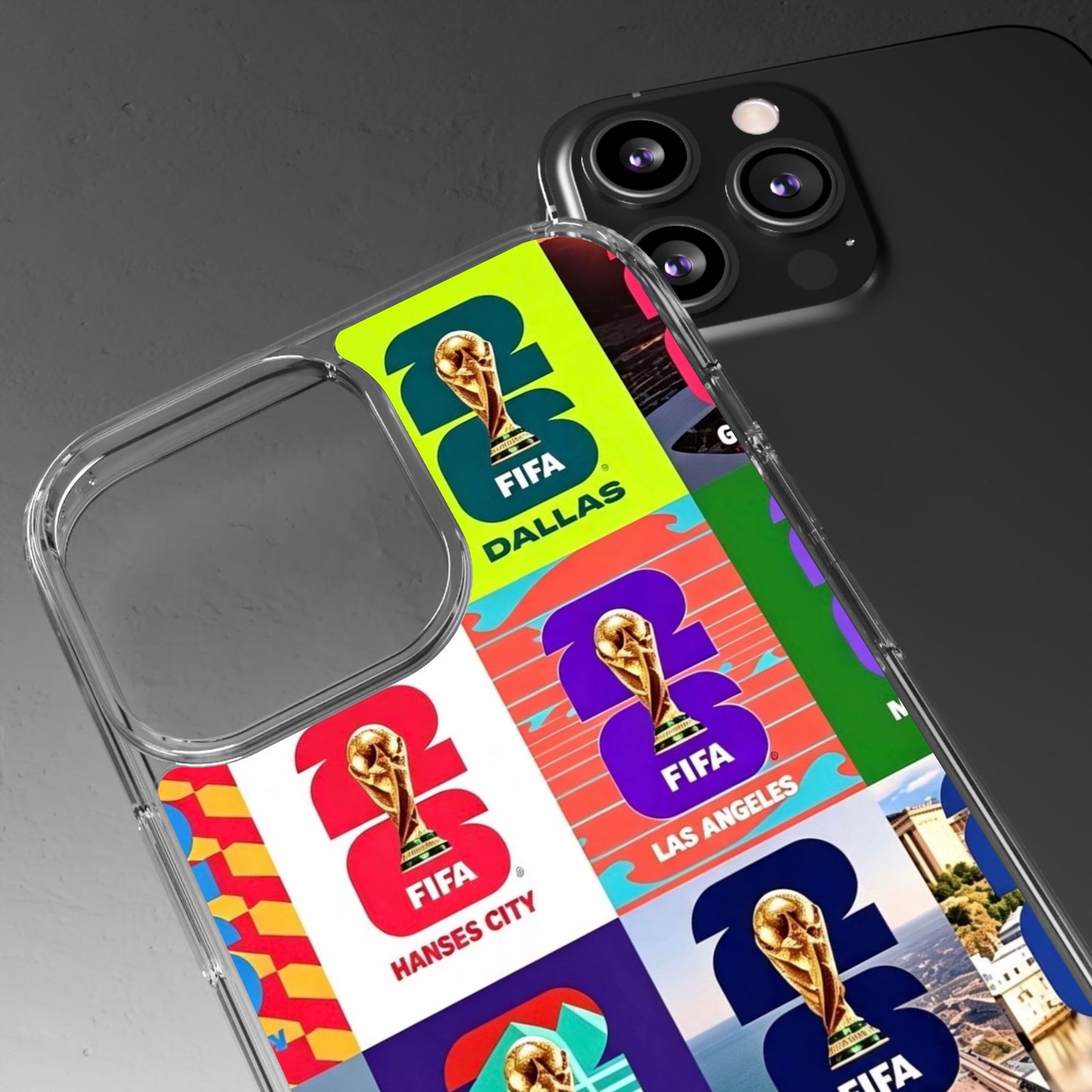 FIFA World Cup Pop Art Clear Phone Case — City Badge Collage (Dallas, LA, Monterrey, Toronto, Seattle)