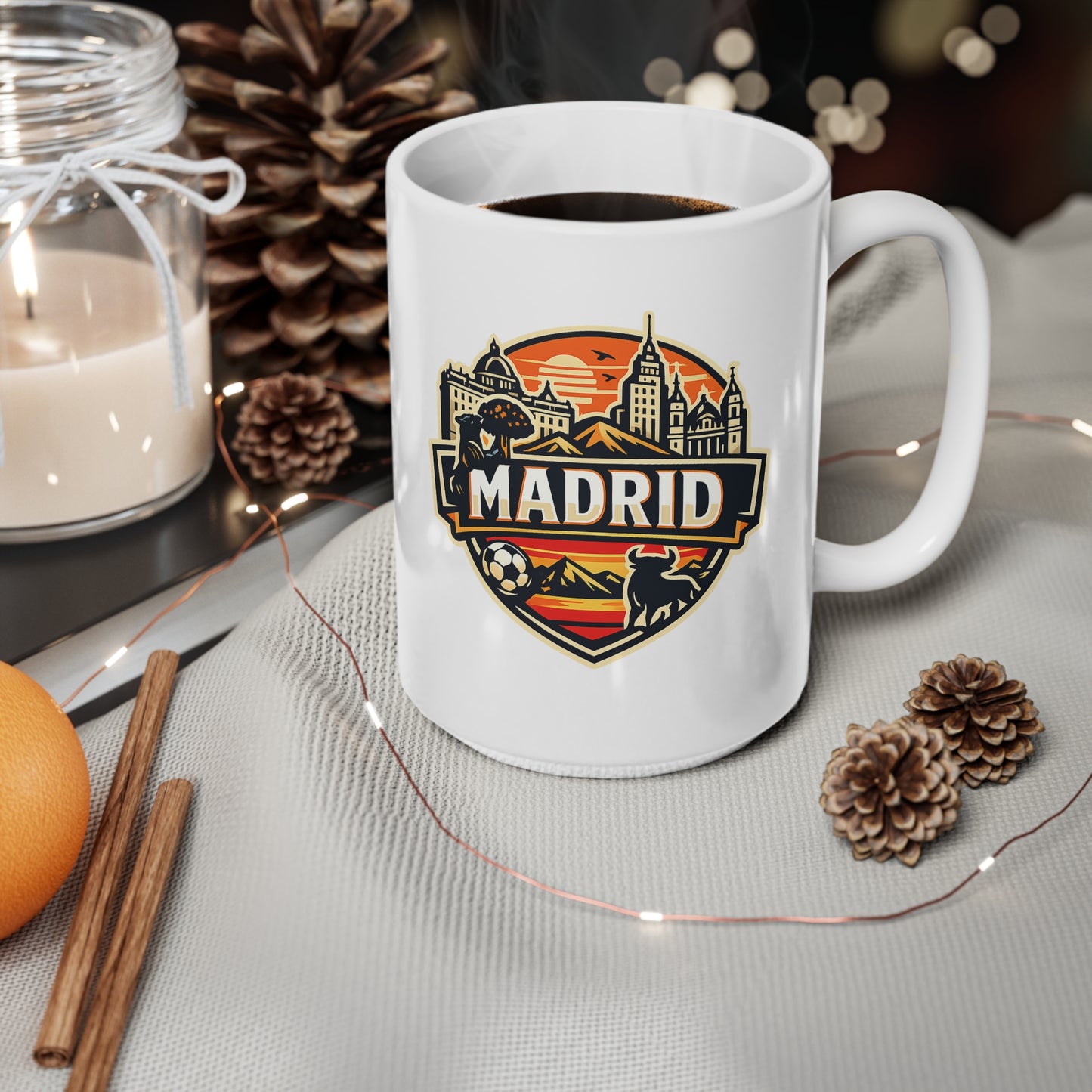 Madrid Souvenir Mug – Vintage Cityscape & Football Ceramic Coffee Cup (11oz/15oz)