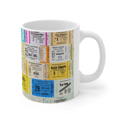 Vintage Concert Ticket Collage Mug — Retro Music Memorabilia Ceramic Coffee Cup
