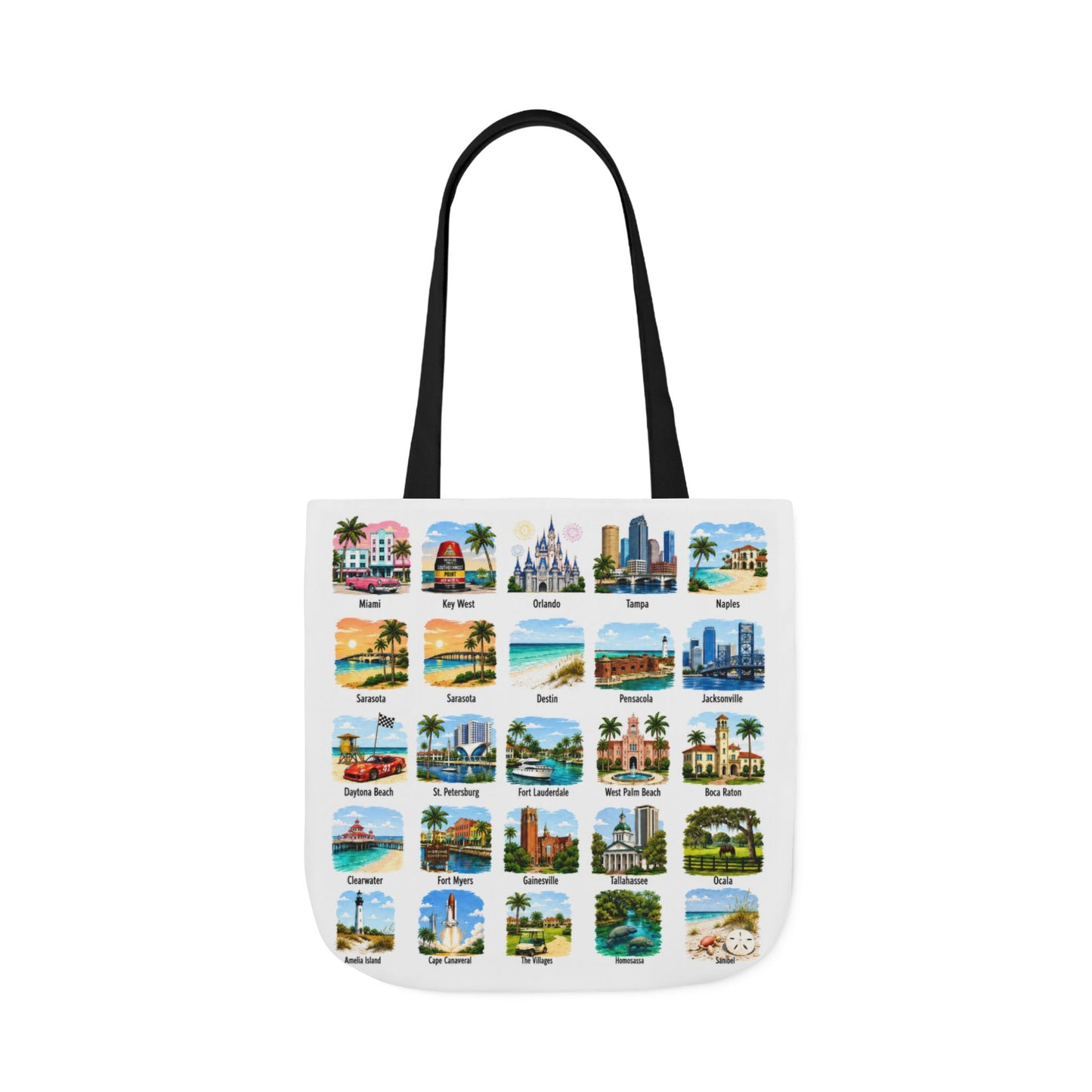 Florida City Landmark Collage Canvas Tote Bag — Vintage Travel Icons Print