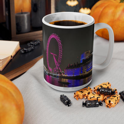 London Eye Nightscape Ceramic Mug — Pink London Eye & River Thames Coffee Cup (11oz & 15oz)