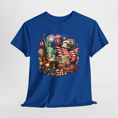 Patriotic USA Graphic Tee – American Flag, Statue of Liberty & Fireworks T-Shirt
