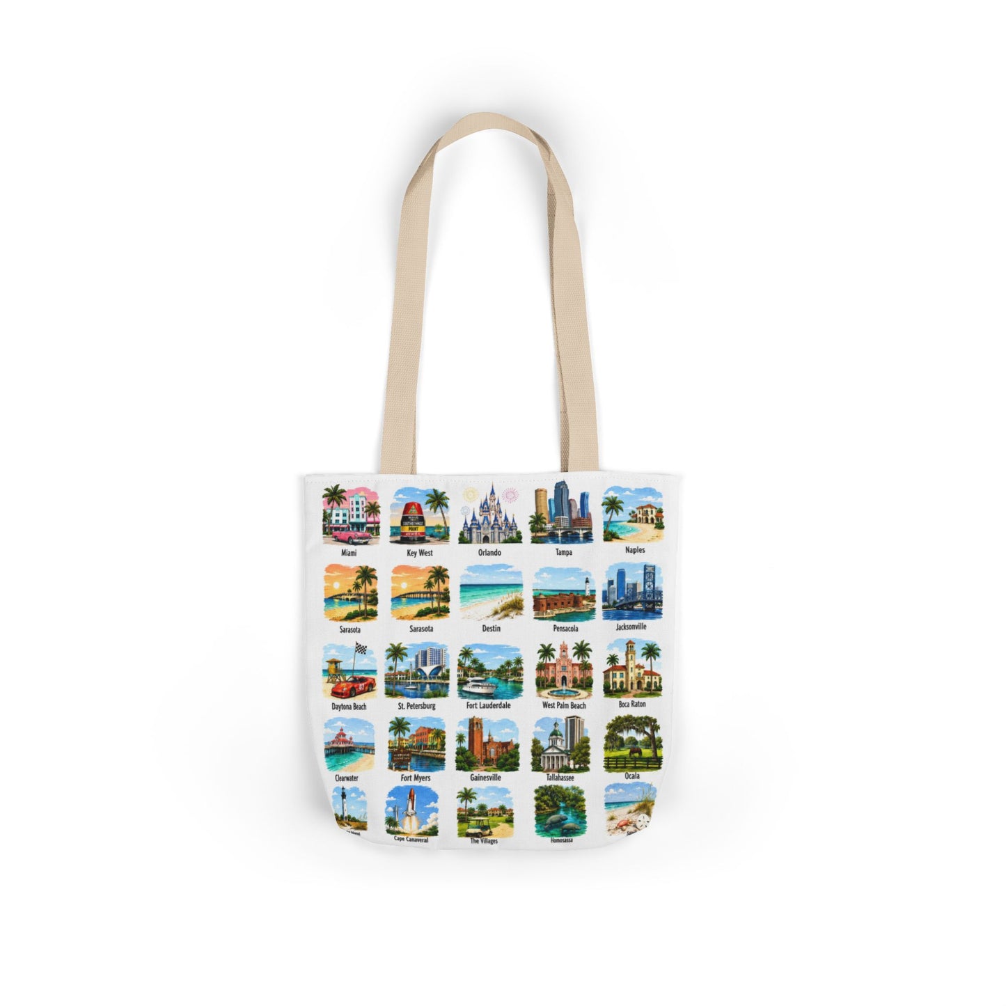 Florida City Landmark Collage Canvas Tote Bag — Vintage Travel Icons Print