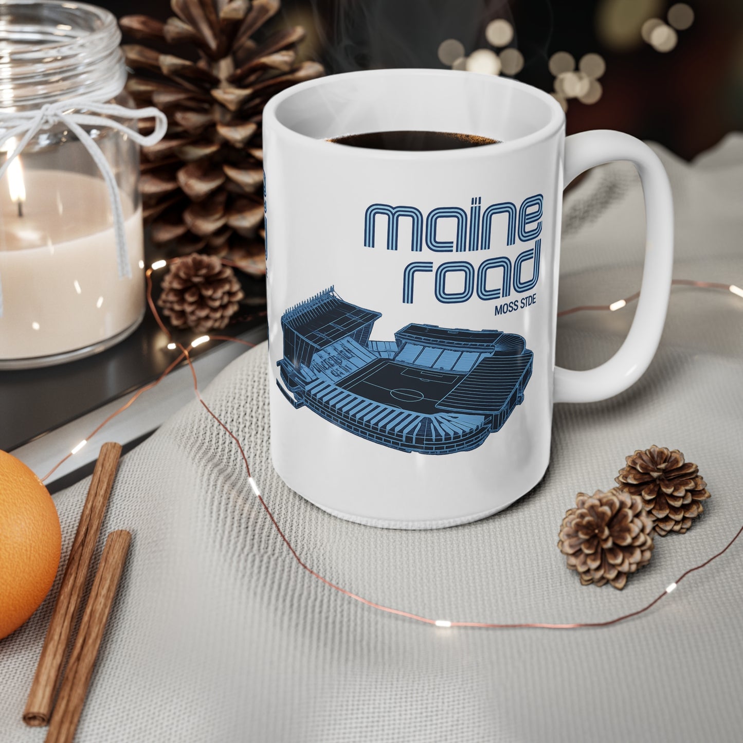 Manchester City Maine Road Stadium Mug — Retro Blue Soccer Stadium Ceramic Coffee Cup (11oz & 15oz)