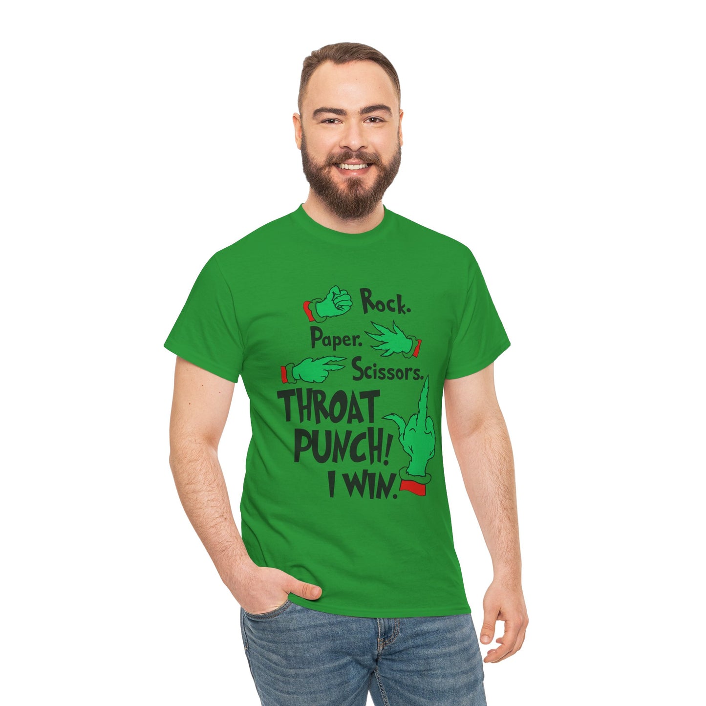 Funny Holiday Tee — "Rock. Paper. Scissors. Throat Punch! I Win" Graphic T-Shirt