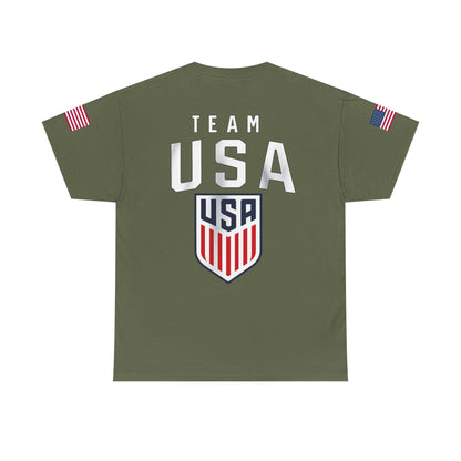 Team USA Flag T‑Shirt — Patriotic Navy Tee with Back Shield Logo
