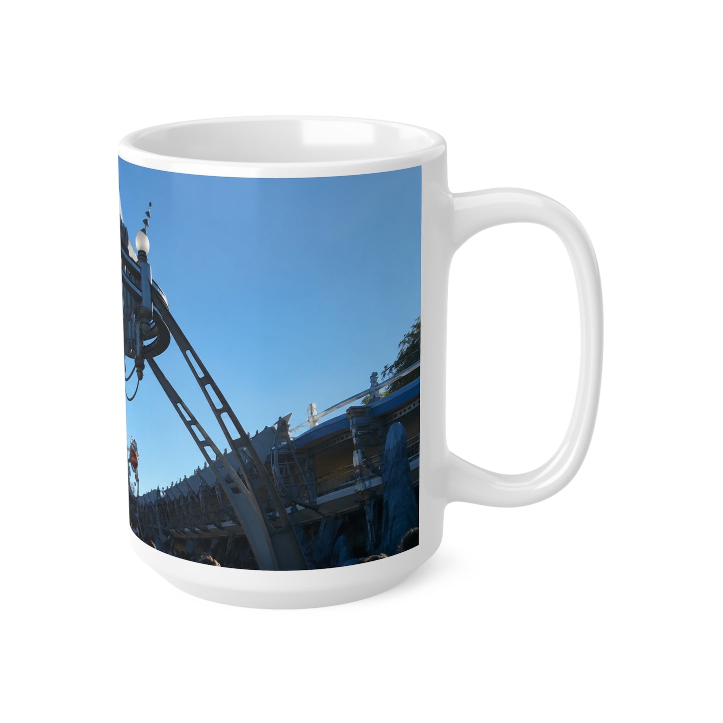 Tomorrowland Sign Photo Ceramic Mug — Vintage Carnival Sky Coffee Cup (11oz/15oz)