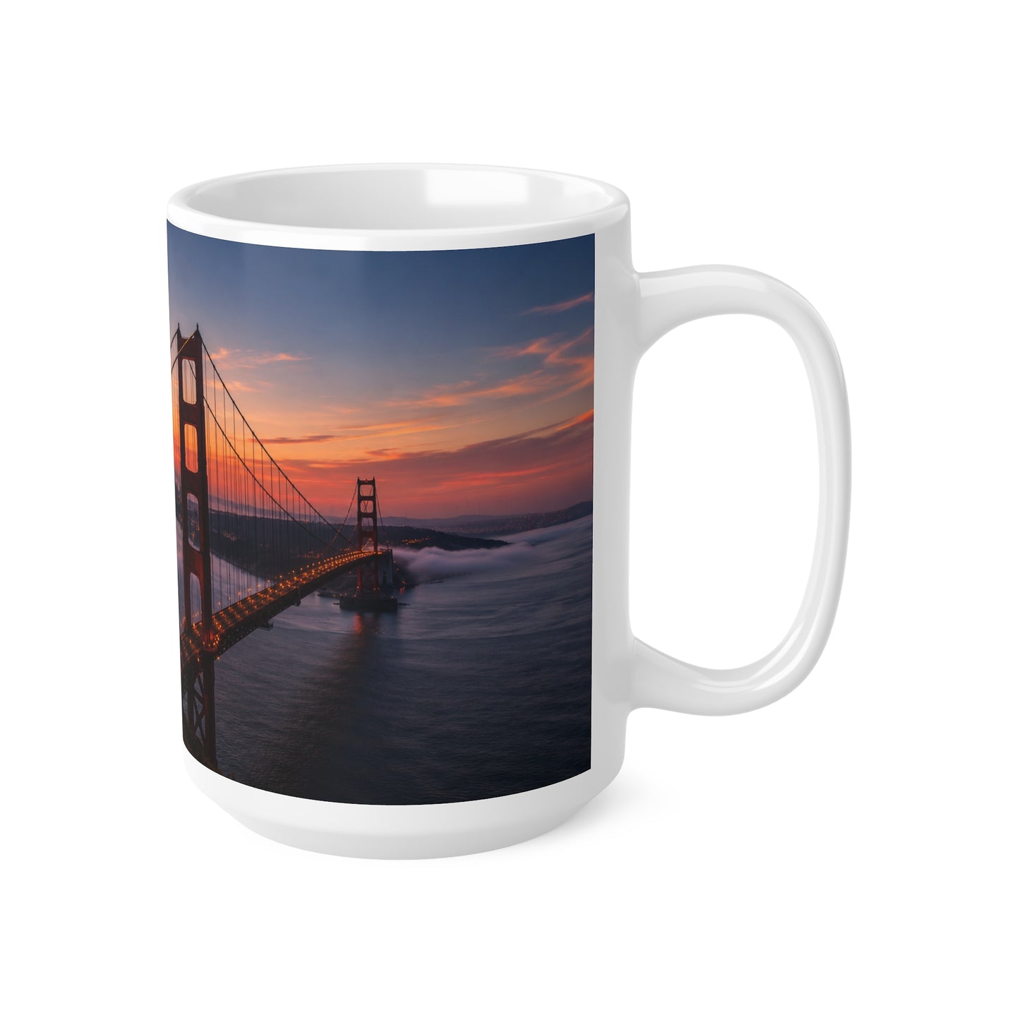 Golden Gate & Flag Sunrise Coffee Mug — San Francisco Sunset Ceramic Cup (11oz/15oz)