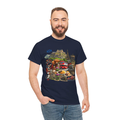 Scotland / Edinburgh Travel Collage T-Shirt — Edinburgh Castle, Bagpipes & Local Icons