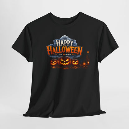 Halloween Horror Movie Characters T-Shirt — "Happy Halloween" Pumpkin & Slasher Collage Tee