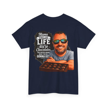 T-Shirt — "Mama Always Said Life Is Like A Box Of Chocolates" Graphic Tee (Funny Retro Portrait)