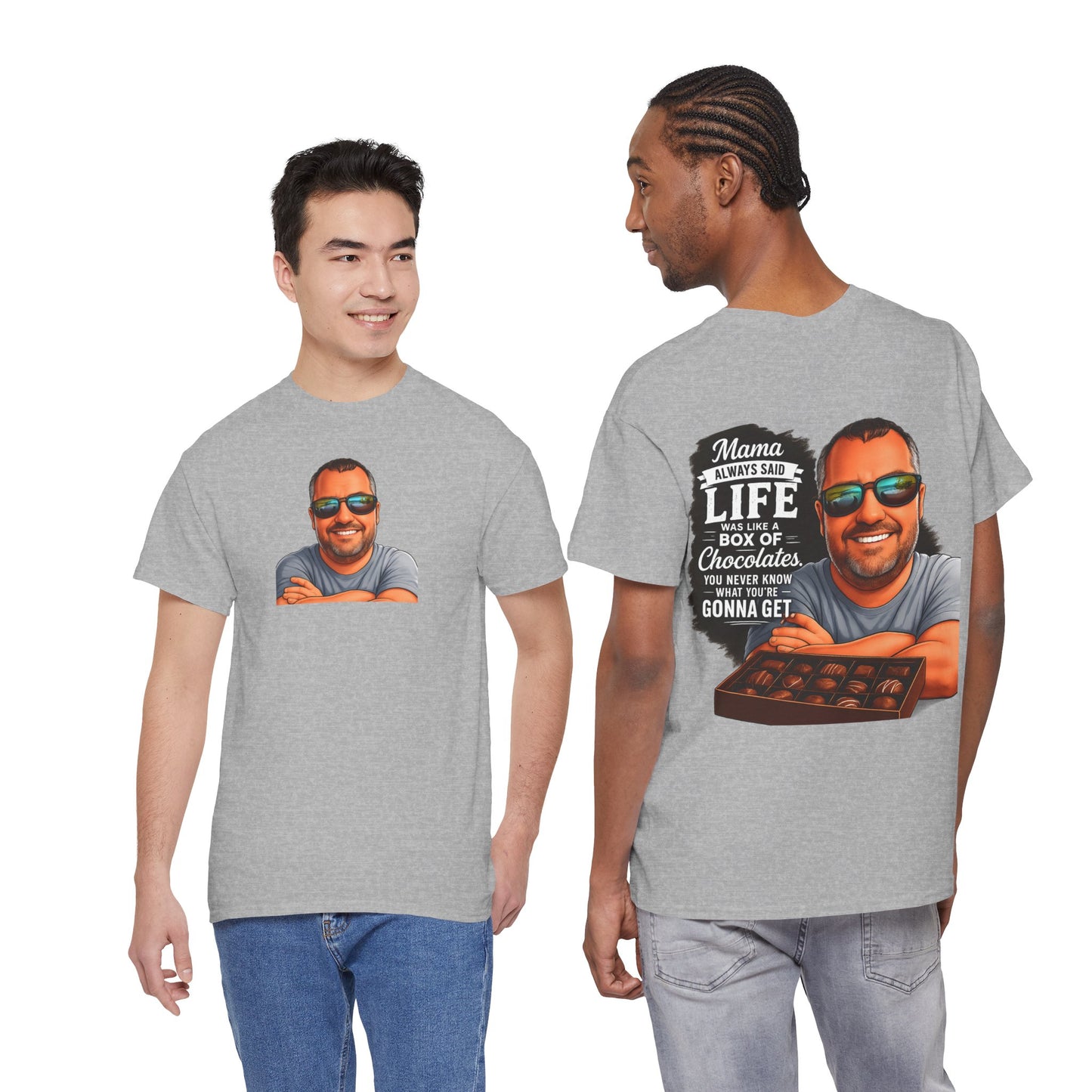 T-Shirt — "Mama Always Said Life Is Like A Box Of Chocolates" Graphic Tee (Funny Retro Portrait)