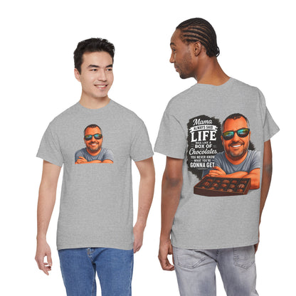 T-Shirt — "Mama Always Said Life Is Like A Box Of Chocolates" Graphic Tee (Funny Retro Portrait)
