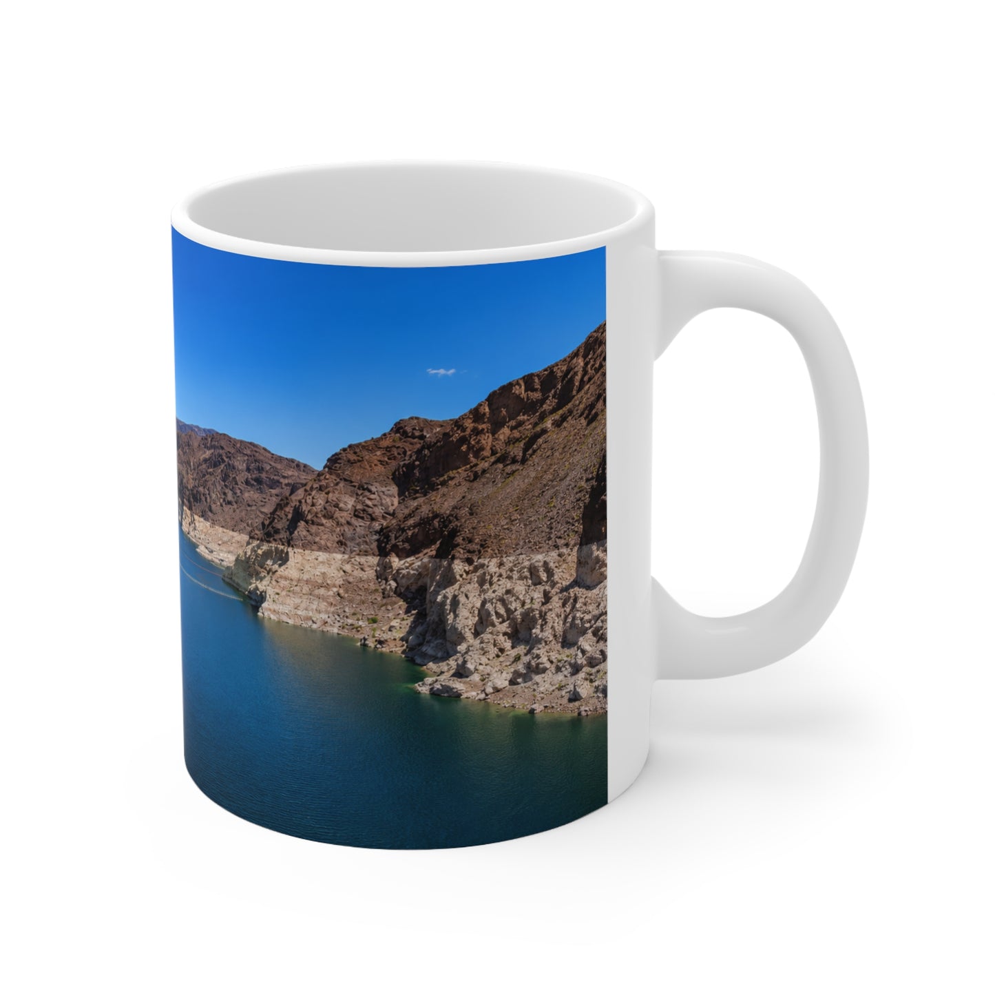 Desert Canyon Lake Photo Mug — Scenic Blue Waters Ceramic Coffee Cup (11oz & 15oz)